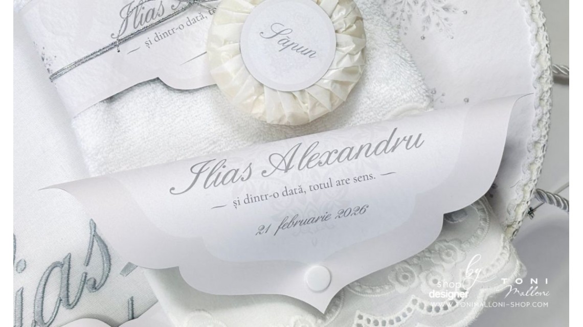 Trusou de botez alb cu gri si dantela bumbac brodata Fulg de Nea 23